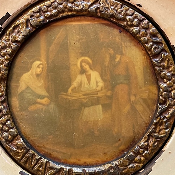 Antique Copper & Enamel Plates Wall Decor Jesus Modonna Nazareth 7.5” Set of 2 - Picture 8 of 9